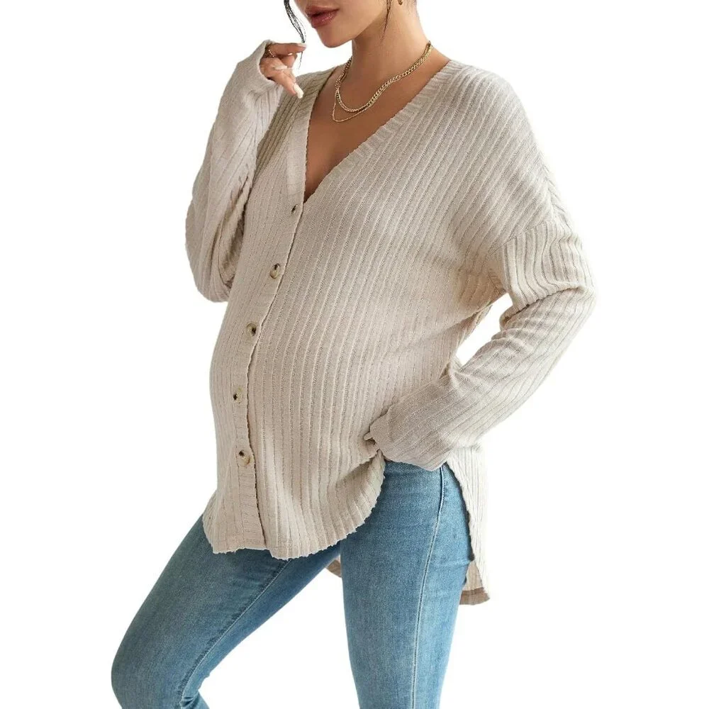 Women's Maternity Long Sleeve Ribbed Knit Button Down V Neck Fall Top Small